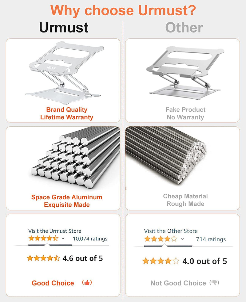 Urmust Laptop Notebook Stand Holder Adjustable Ultrabook Stand Riser Portable Compatible with MacBook Air Pro HP Dell XPS Lenovo All laptops 10-15.6"(Silver) A-Silver