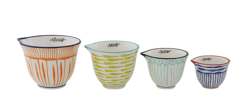 Creative Co-Op Hand Stamped Striped Stoneware Measuring Cups (Set of 4 Sizes/Designs)