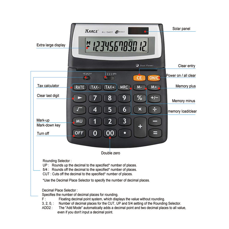 KARCE KC-560T-12, 12-Digits Large Desktop Tax Calculator, Black