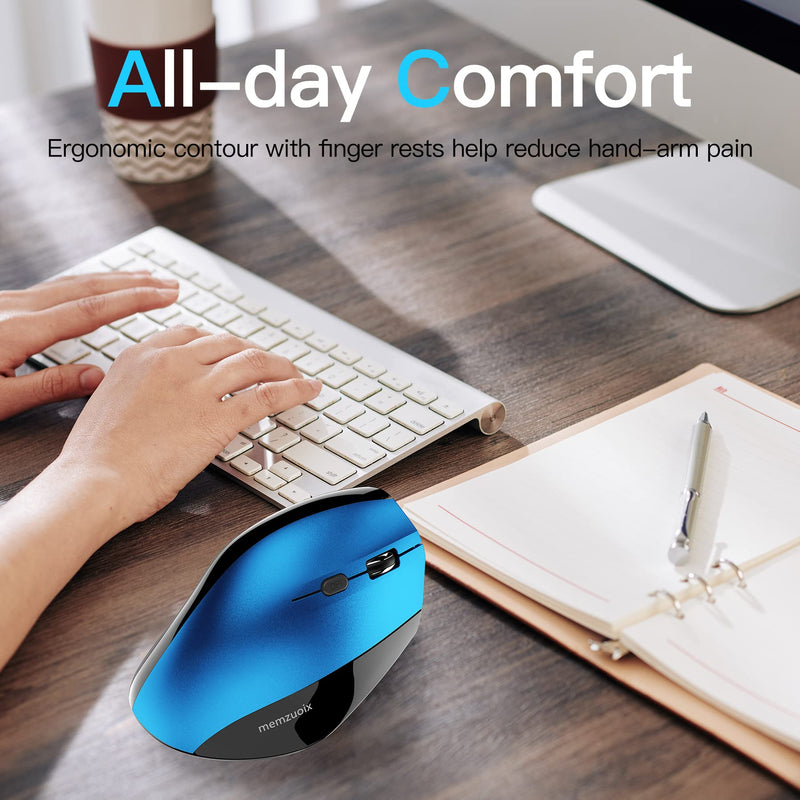 memzuoix Ergonomic Mouse Wireless Mouse, 2.4G Large Vertical Mouse Optical Cordless Mice with 800 / 1200 /1600 DPI, Ergonomic Computer Mouse for Laptop, PC, Desktop (for Right Hand ,Blue) Blue