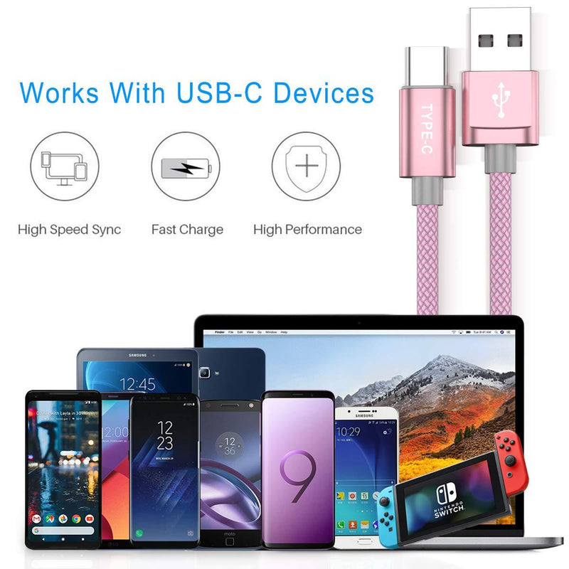 USB Type C Charger Cable 3-Pack (3.3/6.6/10 FT),Nylon Braided Charging Cord,Works with Samsung Galaxy Fold Note 9 8 S10 S9 S8 S10E 10 Plus,LG V50 V40 G8 G7 Thinq,Google Pixel 3 2 3a 4 XL,Moto Z4 Z3 Z2 Pink