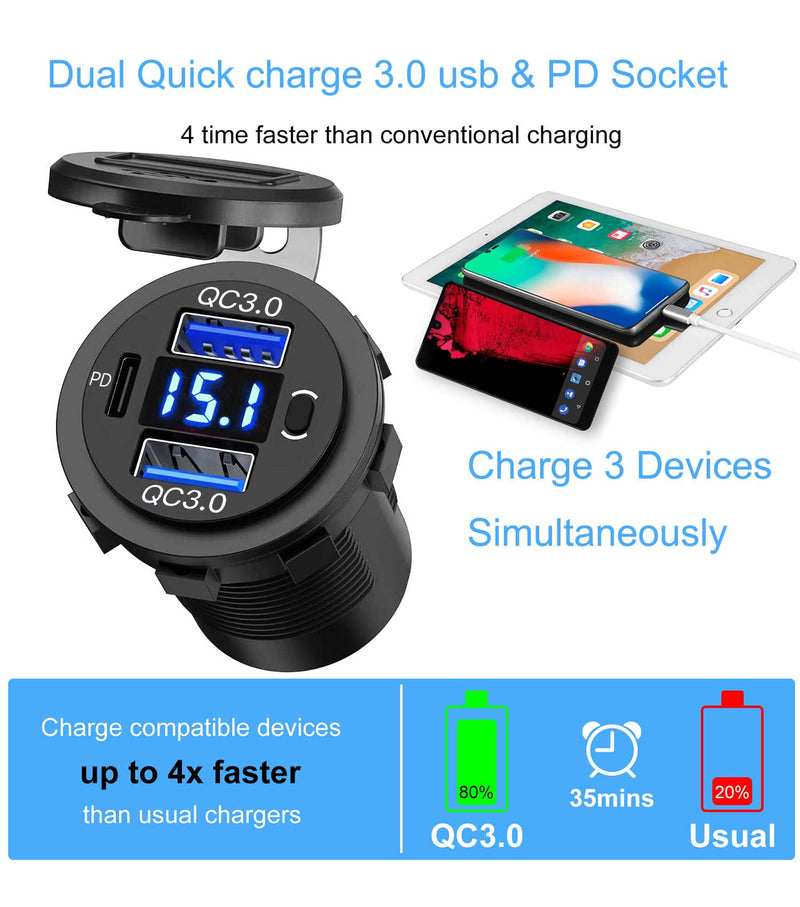 12V USB Outlet, Dual USB Quick Charge 3.0 Port & PD USB C Car Charger Socket with Voltmeter and Power Switch for Car Boat Marine Truck 2 Pack 2QC+1PD