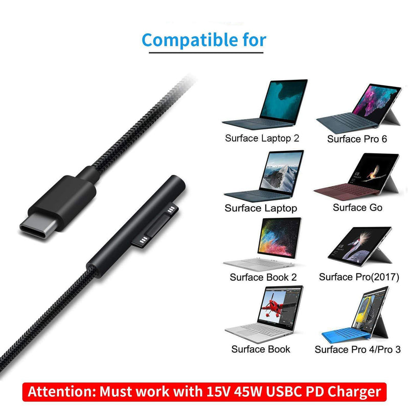 Sisyphy Nylon Braided Surface Connect to USB-C Charging Cable Compatible for Microsoft Surface Pro7 Go2 Pro6 5/4/3 Laptop1/2/3 & Surface Book, Works with 45W 15V3A USBC Charger (Black, 6ft)