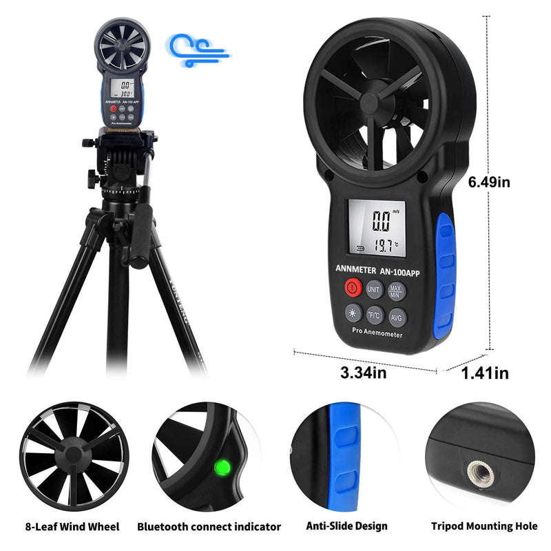 Bluetooth Digital Anemometer, Handheld Wind Speed Meter for Air Flow Velocity Wind Temperature Wind Chill Gauge Tester, with Phone Tablet APP AI-100APP w/Bluetooth APP Connection
