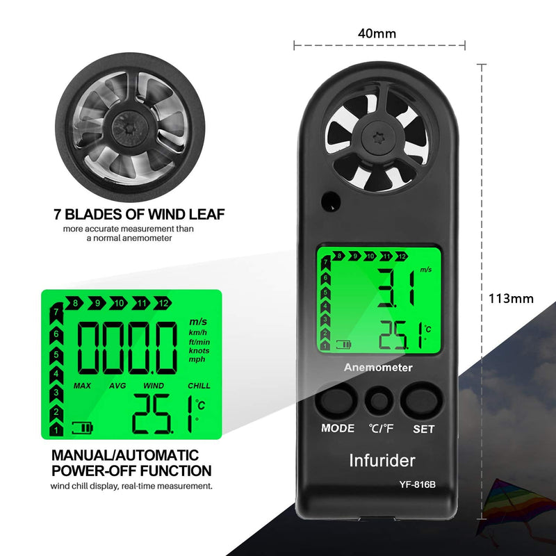 INFURIDER Wind Gauge, Digital Anemometer Handheld Wind Gauge Wind Speed Meter Gauge Air Flow Speed for Wind Speed Gauge Air Temperature with Backlight Chill MAX AVG 1PCS