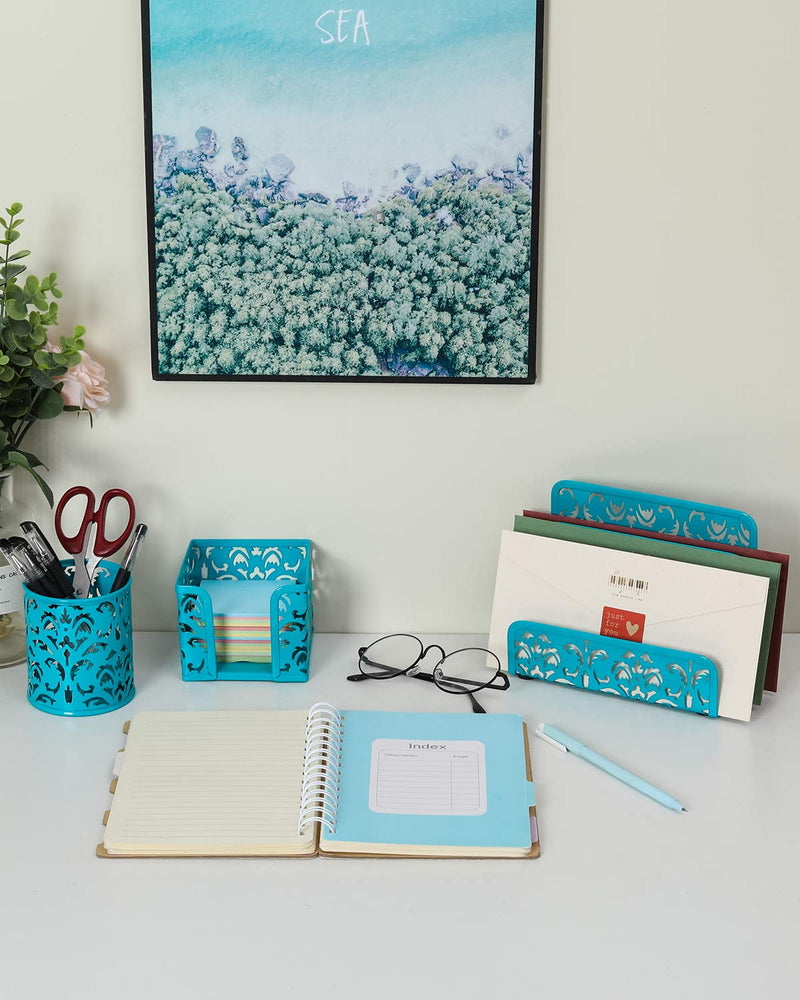 EasyPAG Cute Office Supplies 3 Piece Desk Organizer and Accessories Set - Letter Sorter, Pen Holder,Sticky Notes Holder,Dark Teal Dark Teal