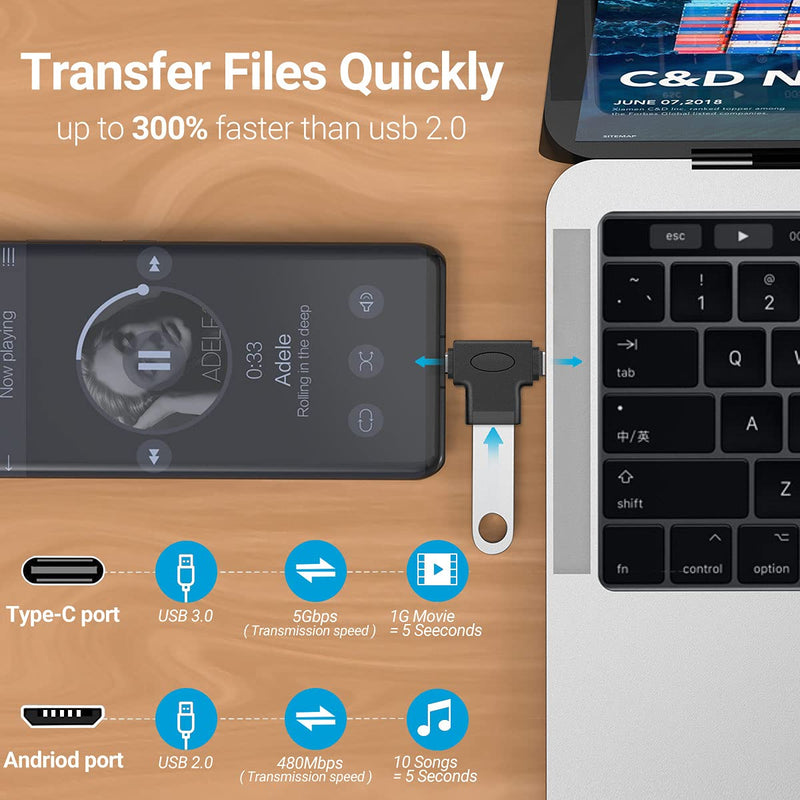 2 in 1 OTG Converter USB 3.0 to Micro USB and Type C Adapter USB3.0 Female to Micro USB Male and USB C Male Connector (2 Pack) 2 Pack