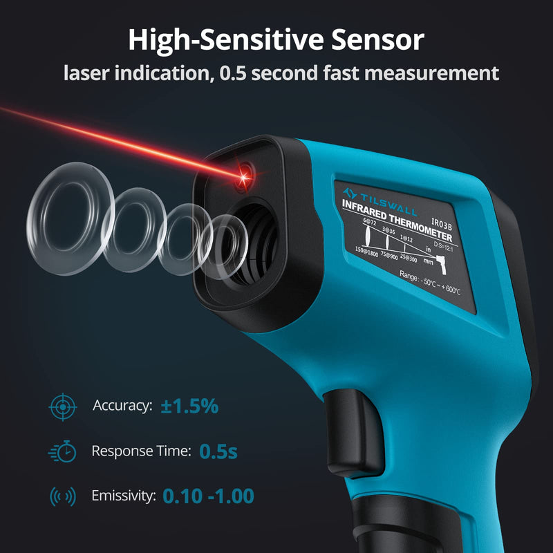 Infrared Thermometer（not for humans）-50°C to 600°C Tilswall Grill IR Laser Digital Thermometer Kitchen Temperature Gauge with LCD Display for Cooking/Barbecue/Freezer/Industry Blue-L