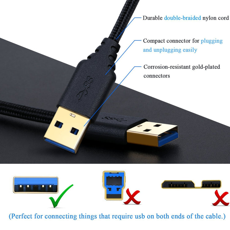 Besgoods 2-Pack 6ft Braided USB to USB 3.0 Cable - USB A to A Male to Male Cable Double End Cord with Gold-Plated Connector Compatible Hard Drive Enclosures, DVD Player, Laptop Cooler Black White