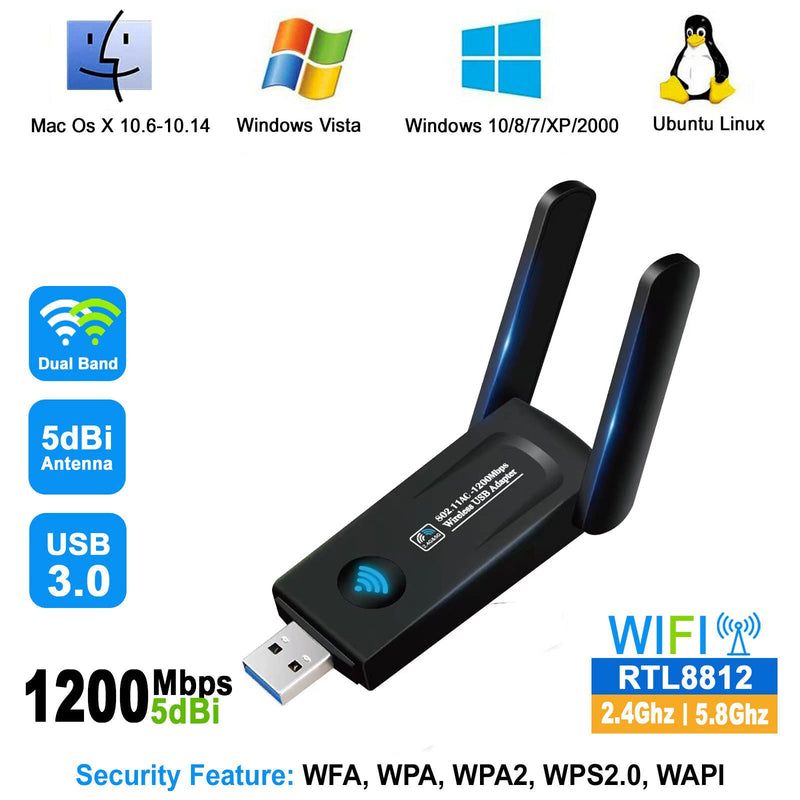 AC1200 High Power USB AC Wireless WiFi 5 Adapter Dongle 5dBi Dual Antenna 802.11AC