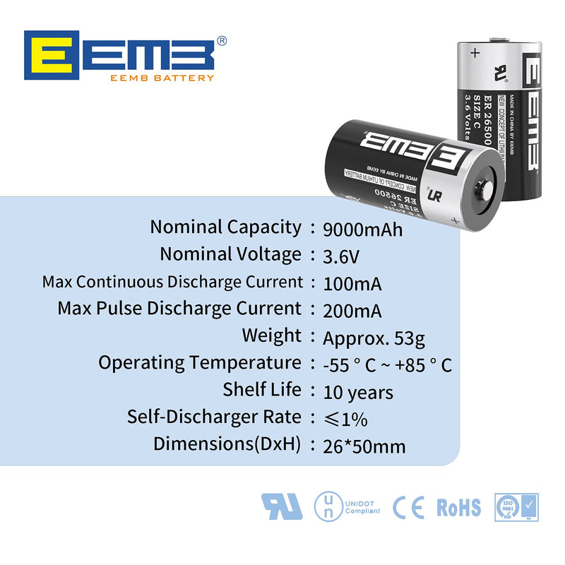 4X EEMB ER26500 Nonrechargeable 3.6V Lithium Battery Li-SOCL₂ C Size 9000mAh High Capacity UL Certified Single-Use 3.6V Lithium Thionyl Chloride Battery DO NOT Charge Battery 4