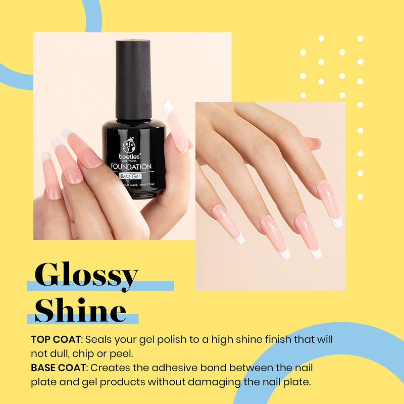 Beetles 2 Pcs 15ml No Wipe Gel Top Coat and Base Coat Set - Shine Finish and Long Lasting, Soak Off LED Gel Base Top Coat Glossy Shine Finish