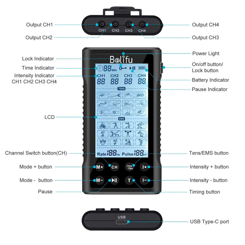 Belifu 4 Independent Channel TENS EMS Unit, 24 Modes,30 Level Intensity Muscle Stimulator Machine, Rechargeable Electric Pulse Massager with 10 Pads&5 Set Leads Wires, for Pain Relief Therapy Black