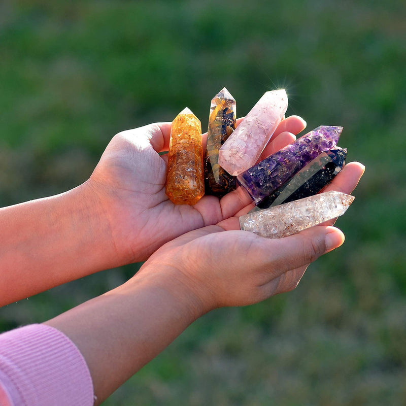 Healing Crystal Wand Set of 6 Orgonite – Includes 3” Amethyst Crystal, Tigers Eye, Rose Quartz, Black Tourmaline Stone, Citrine and Clear Quartz Orgone Crystal Plus Black Tourmaline Necklace