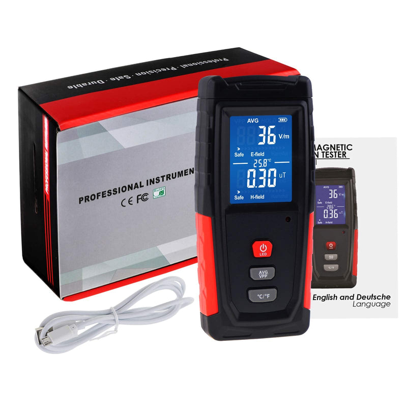 Digital EMF Tester Electric and Magnetic Field Radiation Detector Temperature Measure with Color-screen Display and Rechargeable Battery Handheld Tool