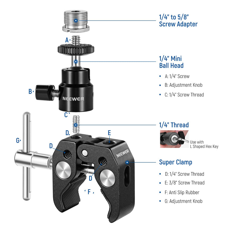 NEEWER Crab Clamp Articulated Mini Ball Head, Super Clamp Mic Mount with 1/4" to 5/8" Thread, Compatible with SmallRig Camera Cage and Microphones, Bearing up to 3.3lb/1.5kg (ST48)