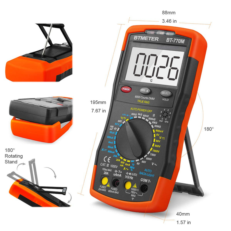 Digital Multimeter TRMS 6000 Count, BTMETER BT-770M Auto/Manual Ranging DMM Electrical Meter Tester for AC/DC Amp, AC/DC Volt, Ohm Capacitance Frequency Continuity Temperature NCV, Auto Backlight BT-770M Manual Ranging