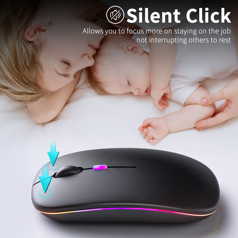 KANMABPC Wireless Bluetooth Mouse, Rechargeable LED Dual Mode Mouse (Bluetooth 5.2 and USB Receiver) Portable Silent Mouse,for Laptop/Desktop/Tablet(Black) Black