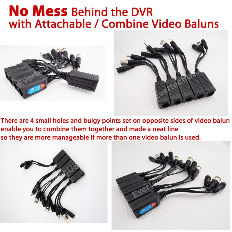 Evertech 8 Megapixel HD Video Balun Transceiver CCTV via UTP Cable Passive Video Power and Audio/Data Connector RJ45 Cat5 Cat6 Data Transmitter 8MP (4 Pairs)