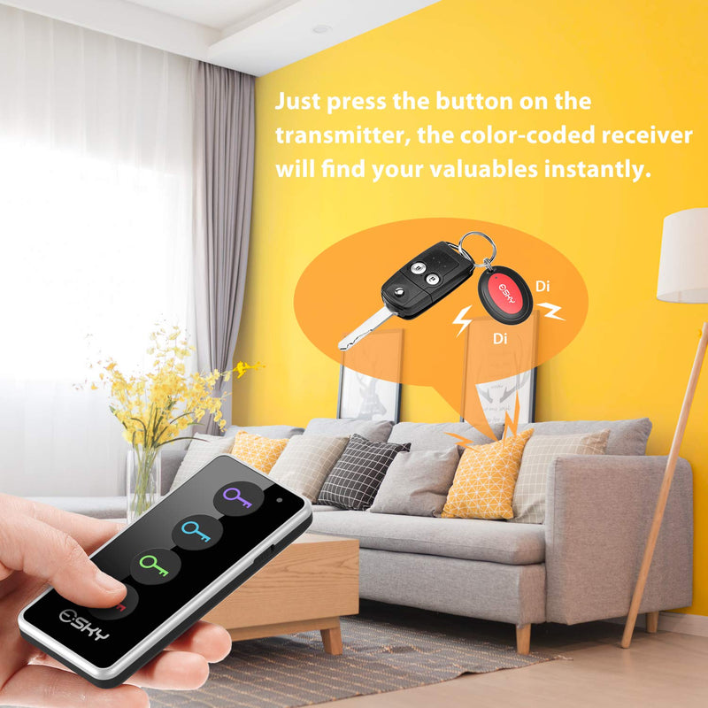 Key Finder, Esky 80dB RF Item Locator with 131ft Working Range, Wireless Key Tracker with 1 Transmitter and 4 Receivers for Finding Wallet, Remote, Pet and Passport, Receiver' Batteries Included