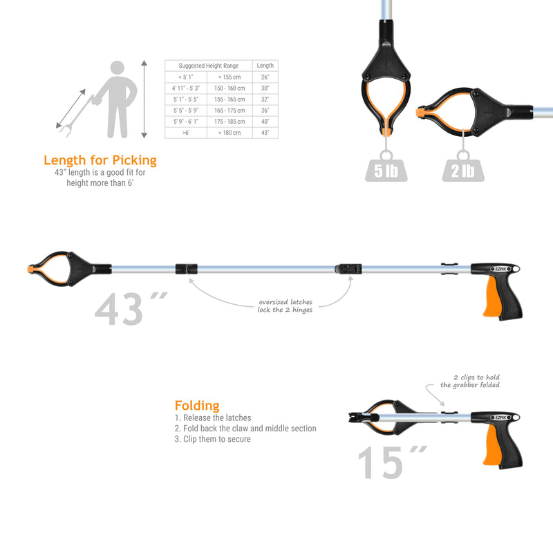 EZPIK Folding Grabber Tool 43 Inch with Magnets - Extra Long Handled Reacher Grabber Pickup Tool ~ Heavy Duty Grabber Reacher Tool for Elderly - Trash Picker Grabber Heavy Duty with Rotating Head 43 (2X-Large)