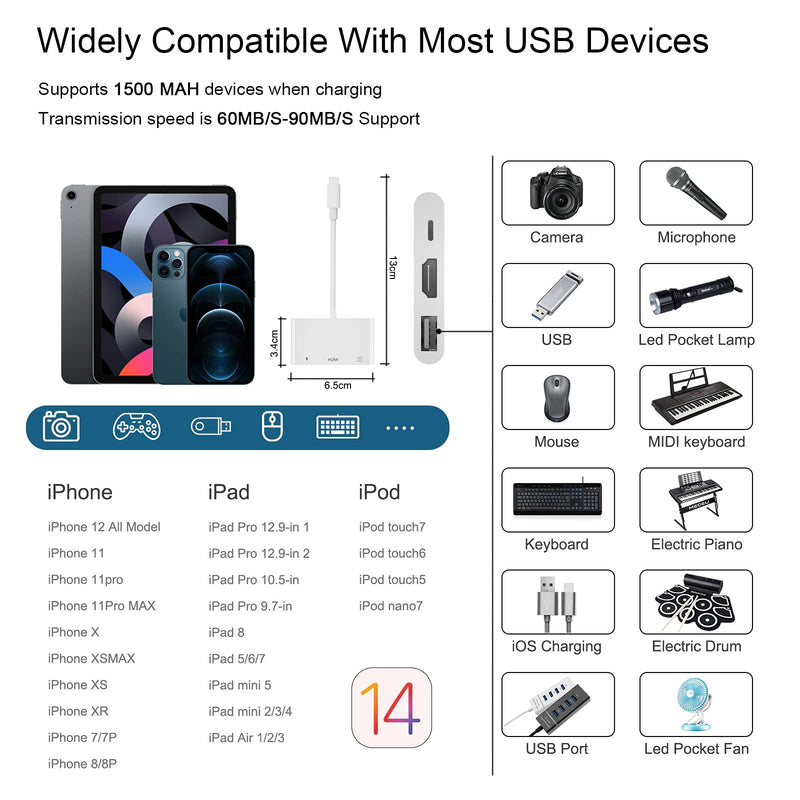 HDMI Adapter, 3 in 1 USB Camera Adapter with 1080P Digital AV HDMI Adapter + Charging Splitter, Support USB Flash Drive, MIDI Keyboard, Mouse, Ethernet Adapter