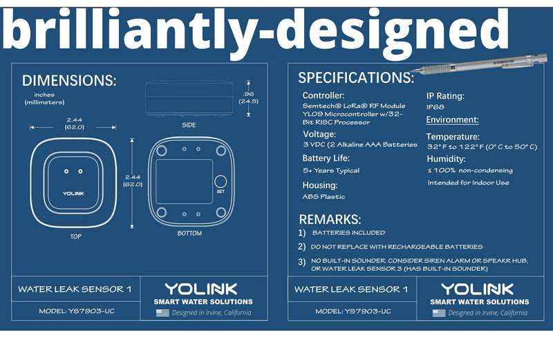 Smart Water Leak Sensor 3 Pack, YoLink 1/4 Mile World's Longest Range Wireless Water Sensor Works with Alexa IFTTT, Water Leak Detector with App Notifications, Remote Monitoring - YoLink Hub Required