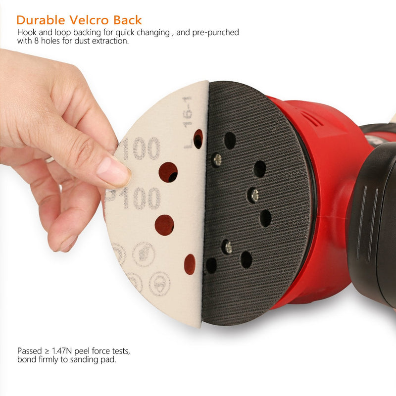 SPTA 100 pieces 125 mm 40/80/120/180/320/400/600/800/1500/2000 sanding discs Velcro sandpaper Velcro sanding sheets sandpaper eccentric sander grit, x10 each, 8 holes for eccentric sanders