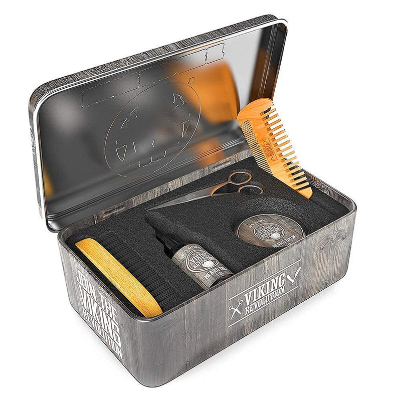 Viking Revolution Beard Care Kit for Men - Ultimate Beard Grooming Kit includes 100% Boar Menâ€™s Beard Brush, Wooden Beard Comb, Beard Balm, Beard Oil, Beard & Mustache Scissors in a Metal Box 6 Piece Set