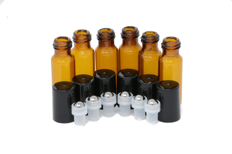 24pcs 5mL Roller (1.35 dram) Amber Glass Stainless Steel Roller Bottle 5cc Vial Small Essential Oil Bottle Travel Must + a 7 Chakra Lava Bead Bracelet for essential oil diffusing & insert removal tool