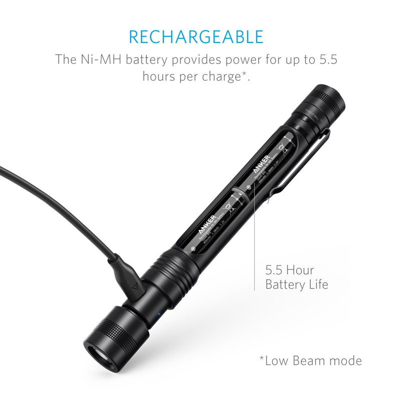 Anker Rechargeable Bolder P2 LED Pen Flashlight, 120 Lumens, IPX5 Water-Resistant, 900mAh NiMH Battery ×2 Included, 2 Modes (High Beam, Low Beam)
