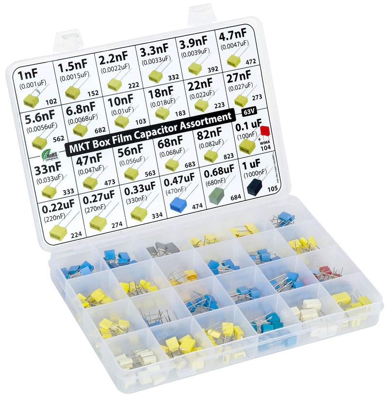 MKT polyester capacitor assortment box, 235 pieces film capacitor, 24 values, 63 volts, radial, 5mm, 1nF 0.01, 0.1 to 1uF