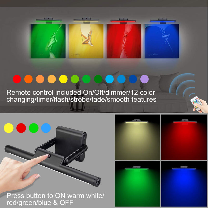 LUXSWAY Rechargeable Picture Light, Wireless Painting Light with Remote, 12 Colors Changing Artwork Light with Rotate Light Head, Dimmable Display Art Light for Dart Board Poster Gallery Black