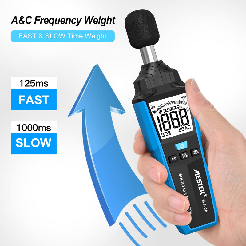 Decibel meter, MESTEK sound level meter, portable db meter, 30 dB to 130 dB, A/C weighted LCD display, can be used in private households, factories and streets
