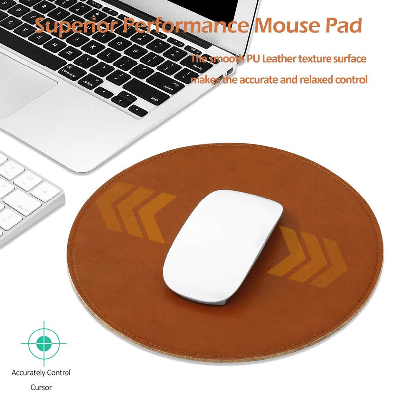 ProElife Premium Mouse Pad Mat Round PU Leather Mousepad for Home Office, for Magic Mouse/Surface Mouse and Wired/Wireless Bluetooth Mouse (Brown), Noiseless/Durable/Waterproof Surface PU leather-Brown