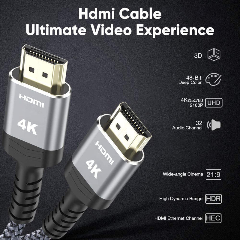 4K High Speed HDMI Cable 1M/3.3FT,Highwings 4K@60Hz 18Gbps HDMI Braided HDMI Cord 30AWG 4K@60Hz Compatible 4K HDR,HDCP 2.2,Video 4K UHD 2160p,HD 1080p,3D PS 3 4 PC Blu-ray ect 3.3 feet Grey
