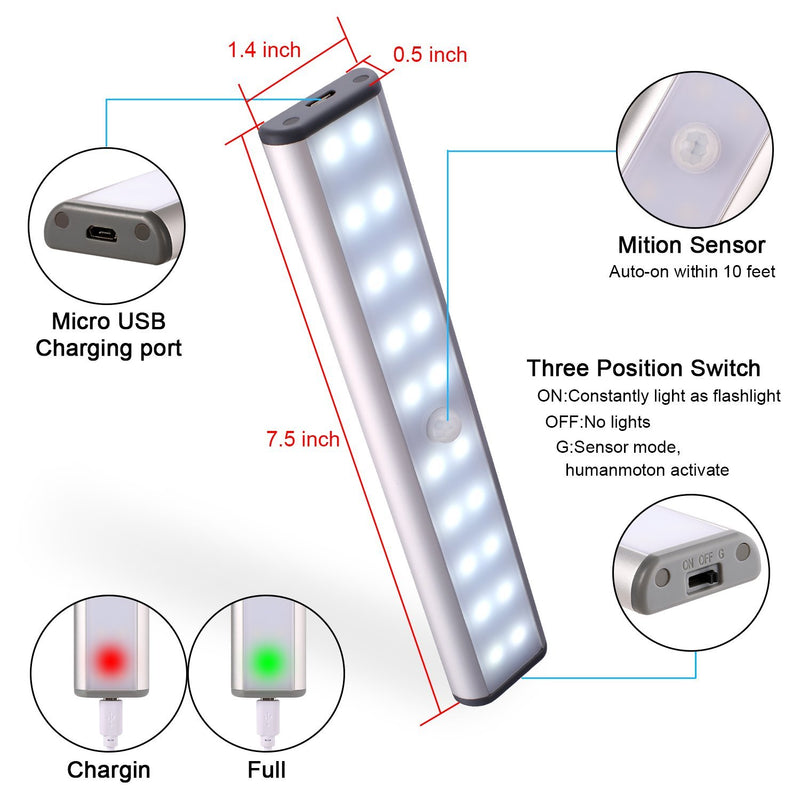 Closet Lights Wireless 20 Led Under Cabinet Lighting Motion Sensor Activated Build in Rechargeable Battery Operated Magnetic Little Safe Portable Night Light for Closet Cabinet Spice Rack (Silver)