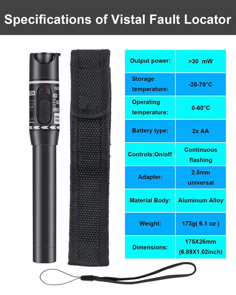 Moocci Fiber Optic Visual Fault Locator 30MW 30KM Fiber Light Tester VFL Tester Kit Including Red Light Fiber Optic Cable Tester Meter with 2.5mm Universal Connector FC Male to LC Female Adapter