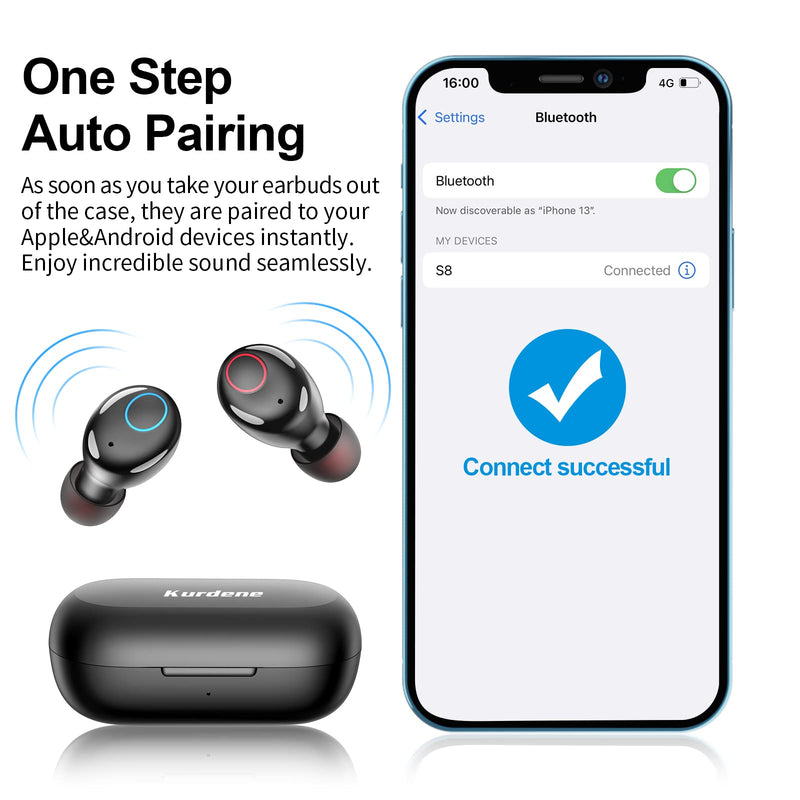 Wireless Earbuds,Kurdene S8 Pro Bluetooth 5.2 Earbuds 48H Playtime Fast Charging AI-Enhanced Call Noise Cancelling Deep Bass Earphones Microphone Waterproof Light-Weight in-Ear Headphones for Work Small BLACK