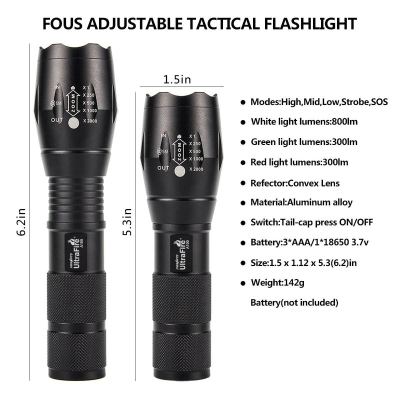 ULTRAFIRE A100 3-Color-Light Tactical 18650 Flashlight, xml-t6 800 Lumen Small led Torch, 2 Pack
