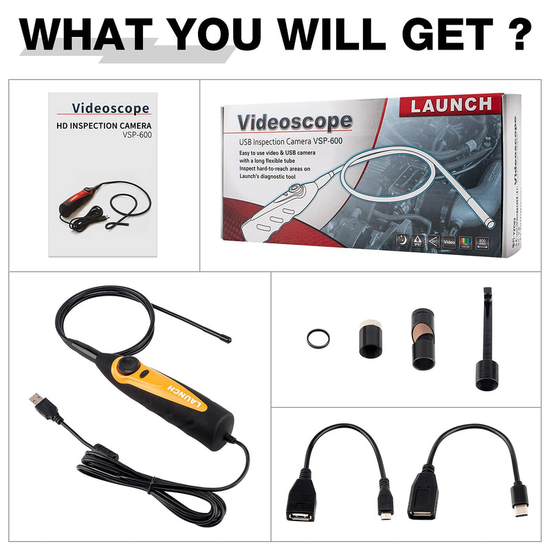 LAUNCH Tech VSP-600 USB Endoscope, 0.21 Inch Snake IP67 Waterproof HD Videoscope Borescope, Suitable for X431 V PRO3S+ Scanner & Android Phone, with 6 Adjustable LED Lights