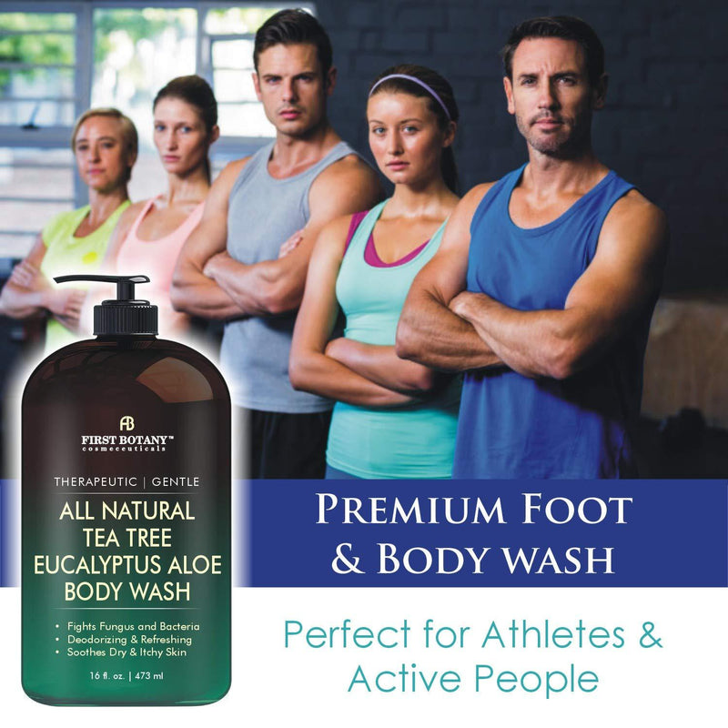 ALL Natural Tea Tree Body Wash - Fights Body Odor, Athleteâ€™s Foot, Jock Itch, Nail Issues, Dandruff, Acne, Eczema, Yeast Infection, Shower Gel for Women & Men, Eucalyptus Aloe Skin Cleanser -16 fl oz