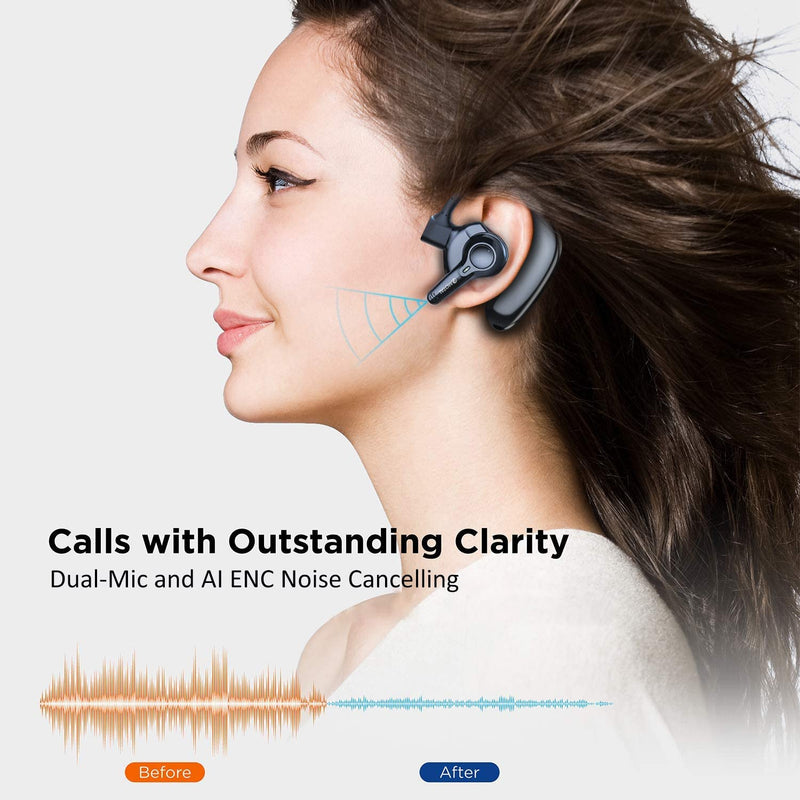 Dual-Mic AI Noise Cancelling Bluetooth Headset for Cell Phones, 10 Days Standby 30Hrs HD Talktime Bluetooth Earpiece IPX6 Waterproof Ultralight for Driving/Truckers/Business EM-BT01