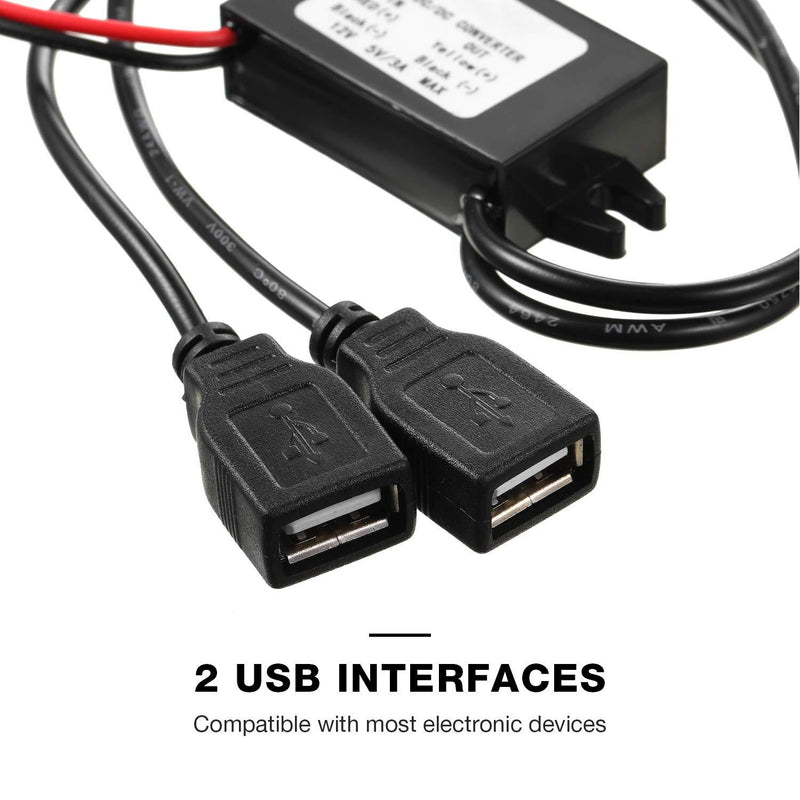 2 Pieces DC Converter 12V to 5V 3A 15W DC Buck Converter Module, DC to DC Reduced Voltage Regulator Car Power Converter Output Power Adapter (Double USB Interface)