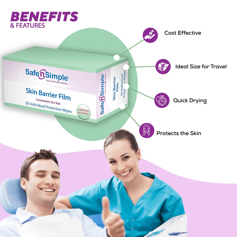 Safe n' Simple Simpurity Skin Barrier Wipes, Quick Drying No Sting Skin Prep Wipes, Large Size Skin Prep Protective Wipes, 2x2 Ostomy Wipes
