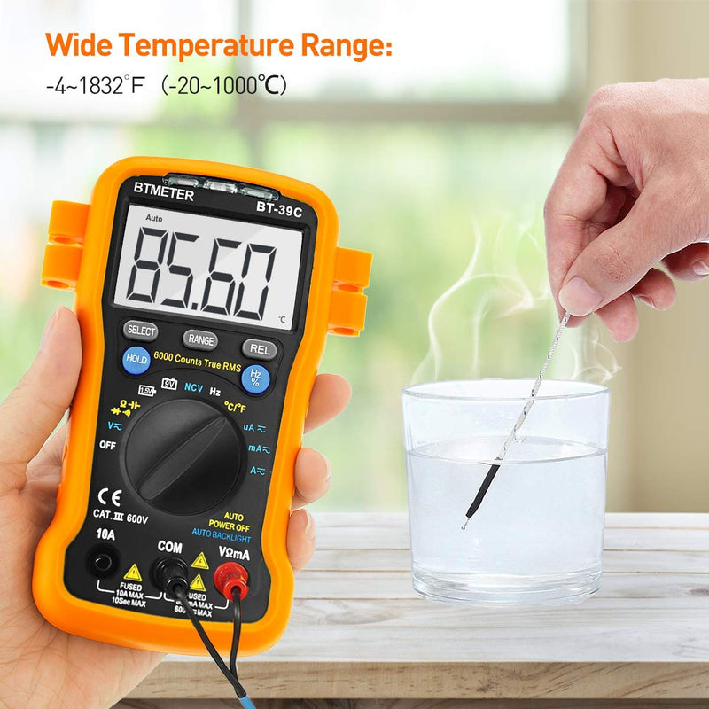 BTMETER BT-39C True RMS Digital Multimeter Auto Ranging for AC DC Voltage,Current, Resistance, Capacitance Tester with Temp Battery LED Test Auto Backlit Orange