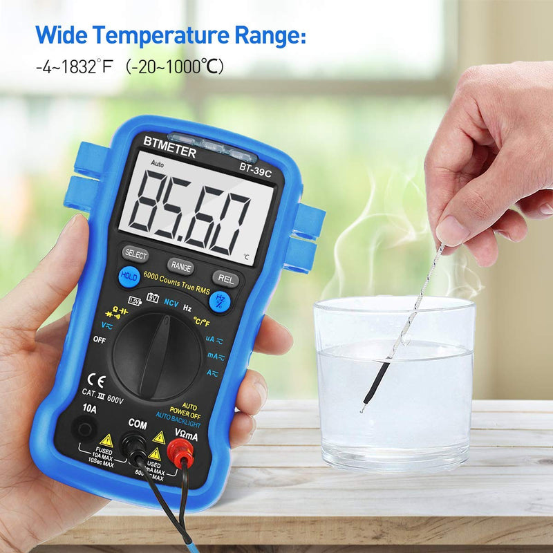 BTMETER BT-39C True RMS Multimeter, Auto Range Digital Avometer 6000 Counts Accurate Measures AC/DC Amps, Volts, Ohms, Capacitance,Frequency with Auto Backlight, NCV Temp Test BT-39C W/ Temp Measurement (BLUE)