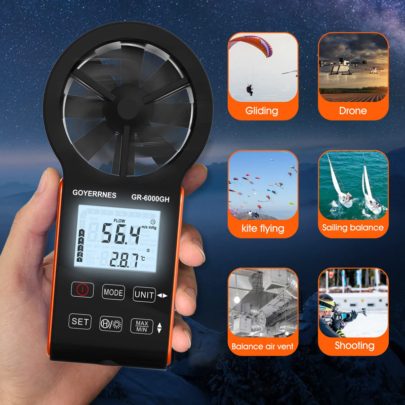 Handheld Wind Meter Digital Anemometer, GR-6000GH Air Flow Speed Wind Speed CFM Meter Measuring Air Speed Air Volume Temperature for HVAC, Boat Sailing, Shooting