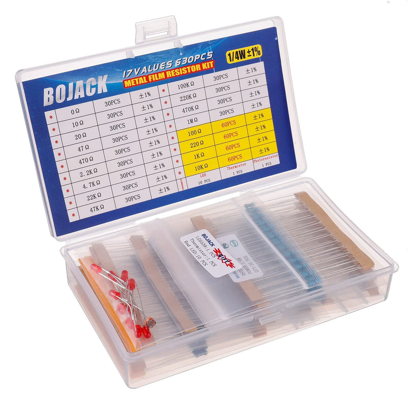 BOJACK 630 Pcs 17 Values Resistor Kit 0 Ohm-1M Ohm with 1% 1/4W Metal Film Resistors Assortment Kit 1/4 W