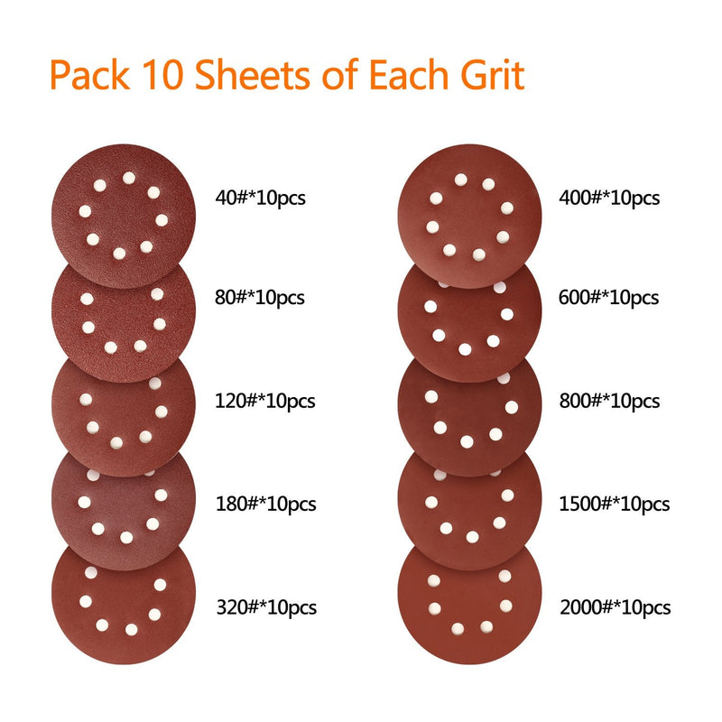 SPTA 100 pieces 125 mm 40/80/120/180/320/400/600/800/1500/2000 sanding discs Velcro sandpaper Velcro sanding sheets sandpaper eccentric sander grit, x10 each, 8 holes for eccentric sanders